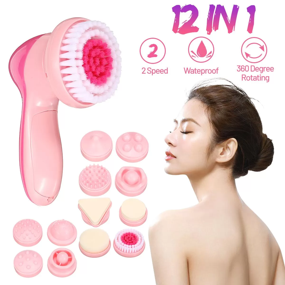 Generic 12-in-1 Pink Multi-function Electrical Facial Massager