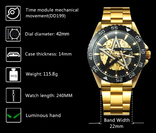 WINNER Golden Automatic Skeleton Mechanical Skull Watch