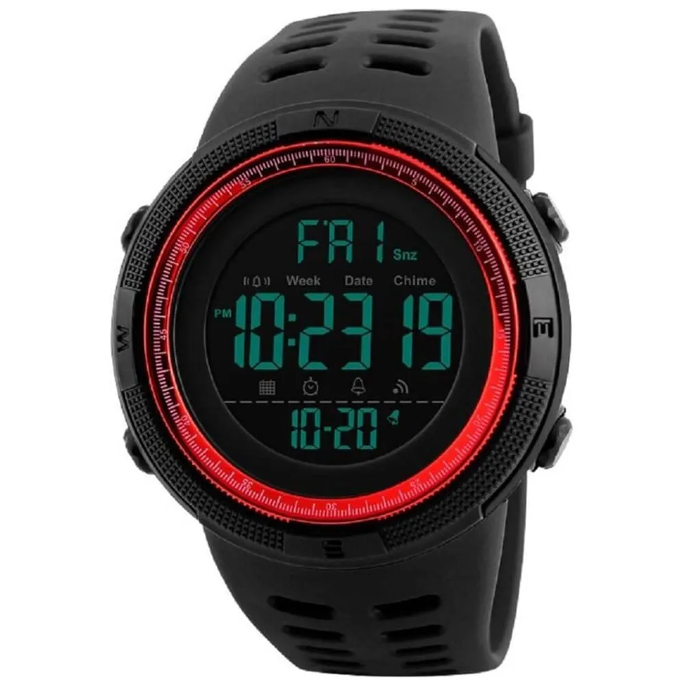Piaoma Mens Black Digital Sport Watch Red Face