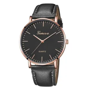 Geneva Fashion Casual Ladies Leather Watch Black Strap