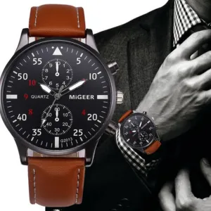 Migeer Leather Band Watch Quartz Date Display