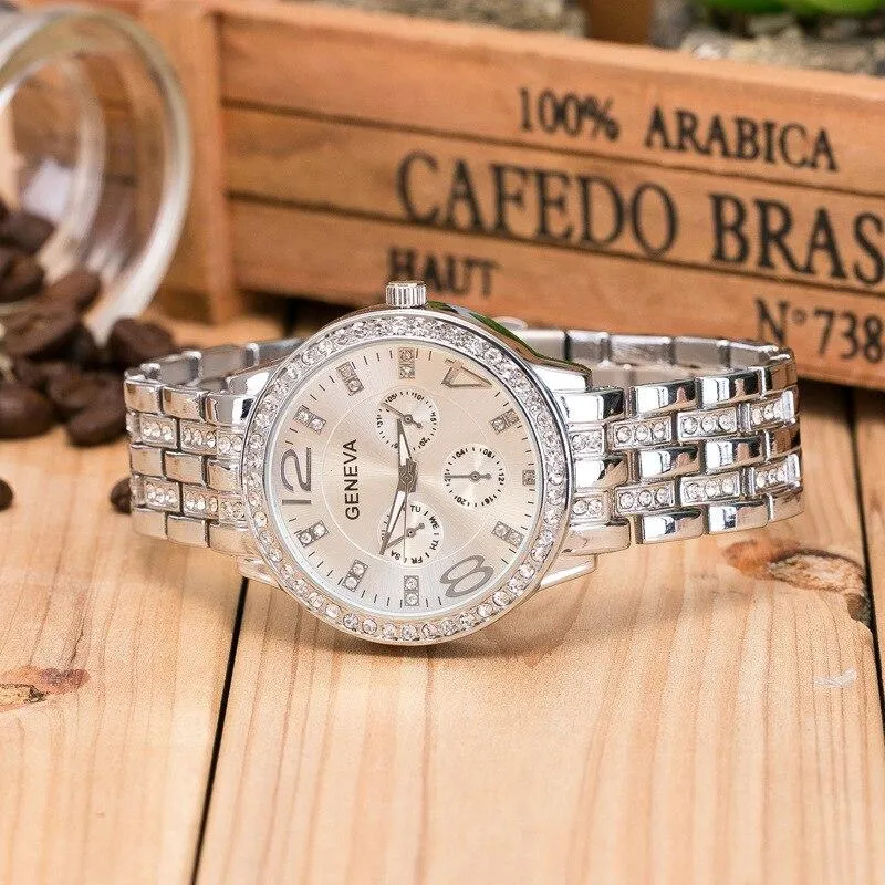 Geneva Luxury Diamond Bling Crystal Quartz Silver Watch