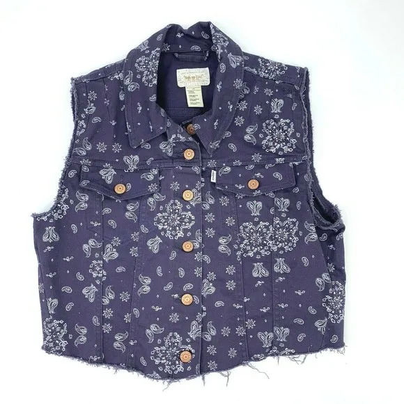 Levis Purple XL Denim Paisley Vest Distressed
