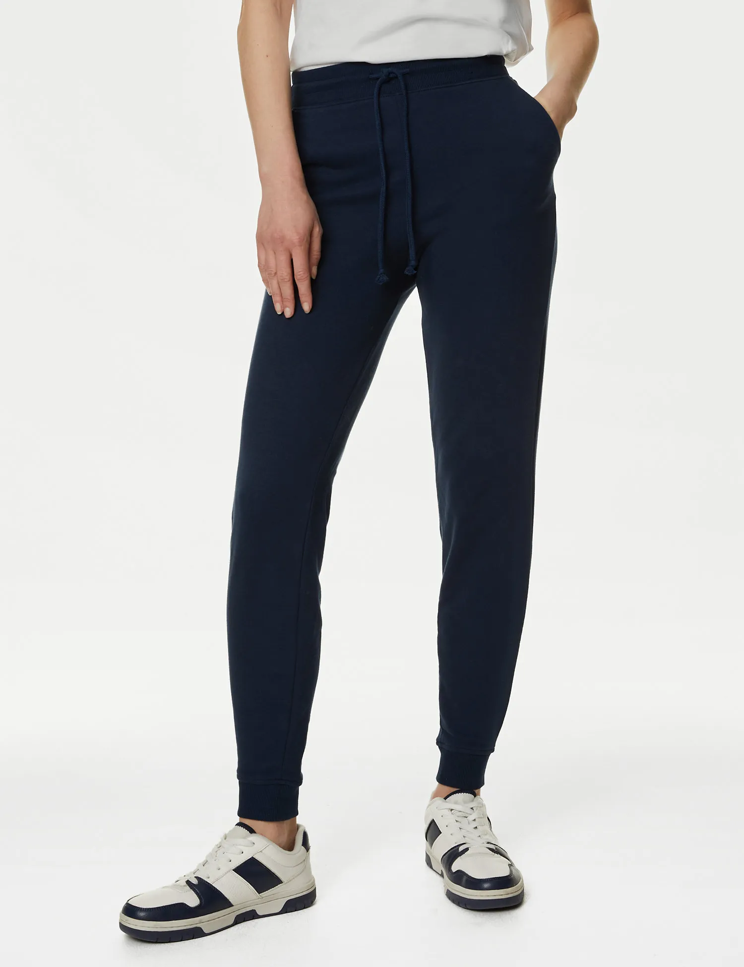 Womens Cotton Rich Cuffed Joggers Navy Blue Waist 32