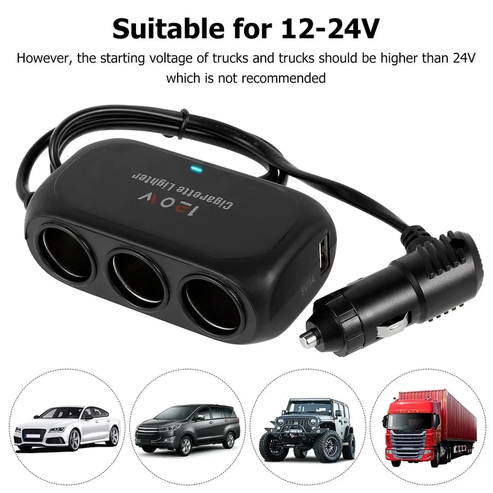 Generic 3 Way Car Lighter Socket Splitter Charger 12/24V - image 4