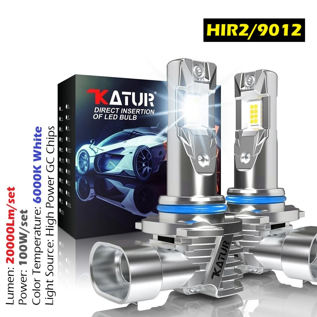 KaTur 9012 HIR2 LED Headlight 100W 20000LM Fanless 6000K
