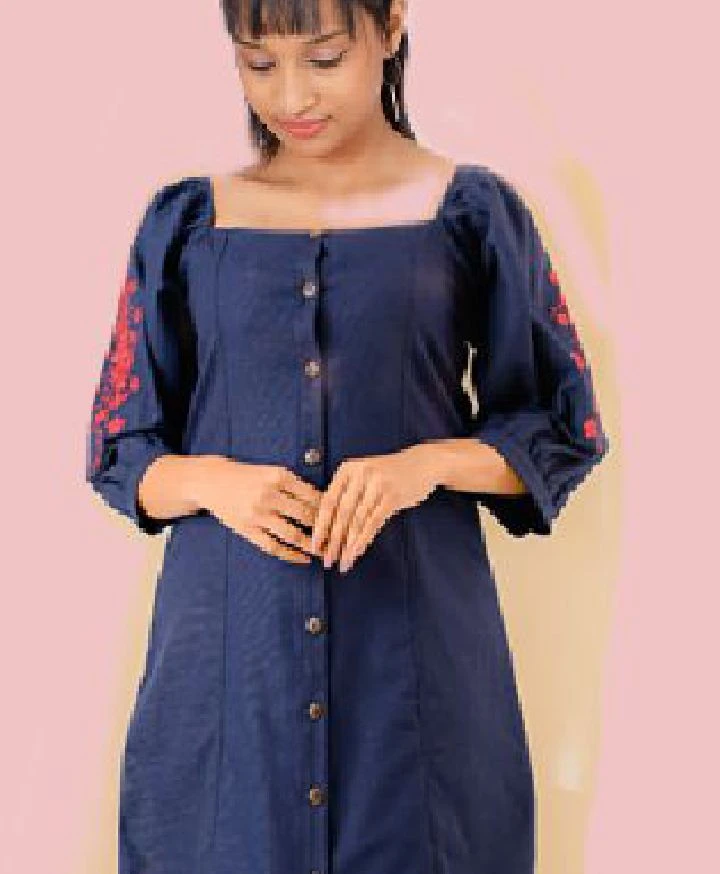 Linen mini Frock  Long Sleeve Embroidery Tight Dress - image 2