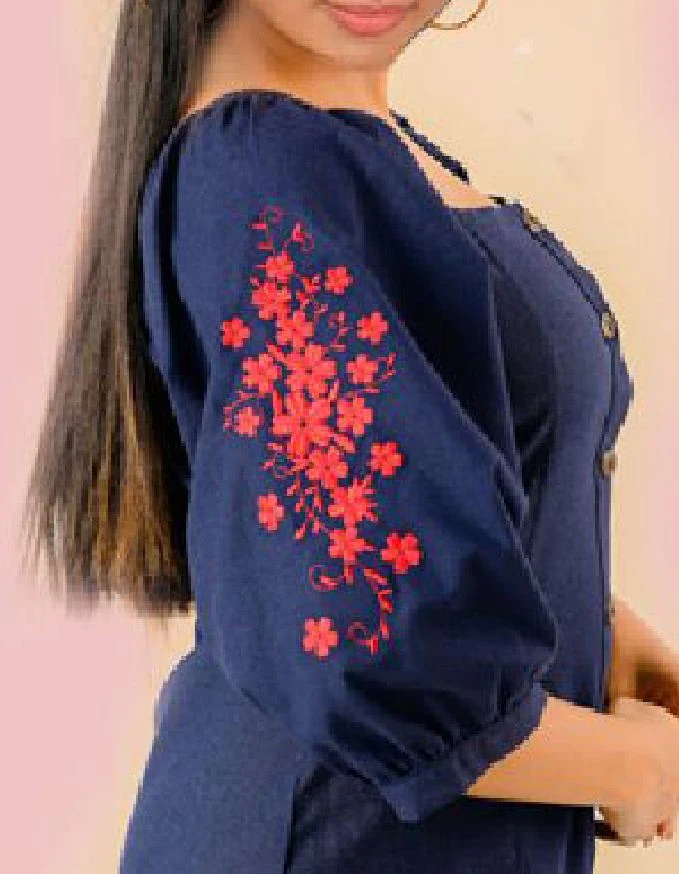 Linen mini Frock Long Sleeve Embroidery Tight Dress