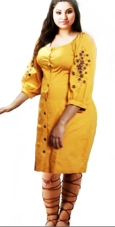 Linen mini Frock  Long Sleeve Embroidery Tight Dress - image 4