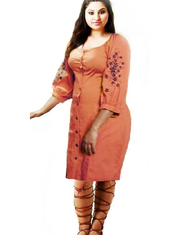 Linen mini Frock  Long Sleeve Embroidery Tight Dress - image 5