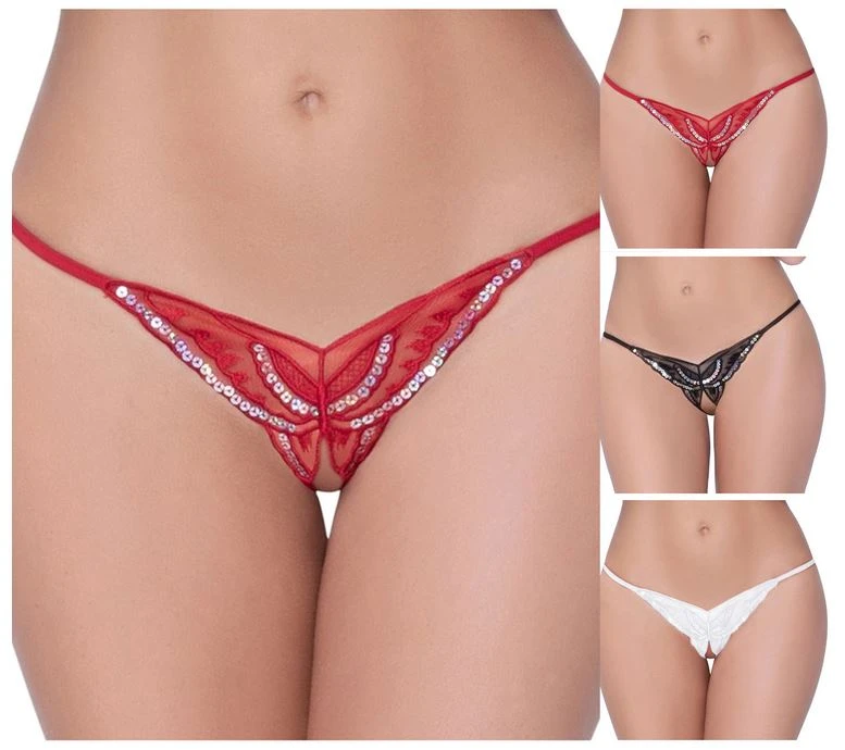 Women Sexy Sequin Embroidery Open Crotch Thong - image 2