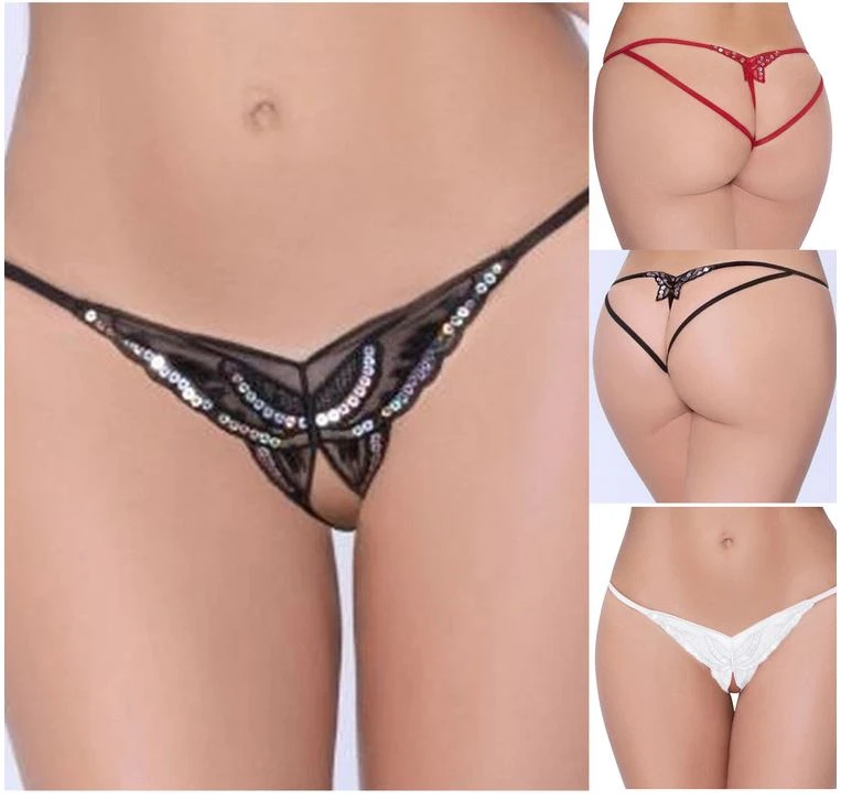 Women Sexy Sequin Embroidery Open Crotch Thong - image 4