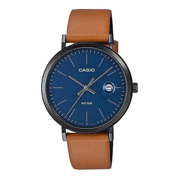 Brown Analog Blue Dial Leather Strap Mens Fashion Simple Wa