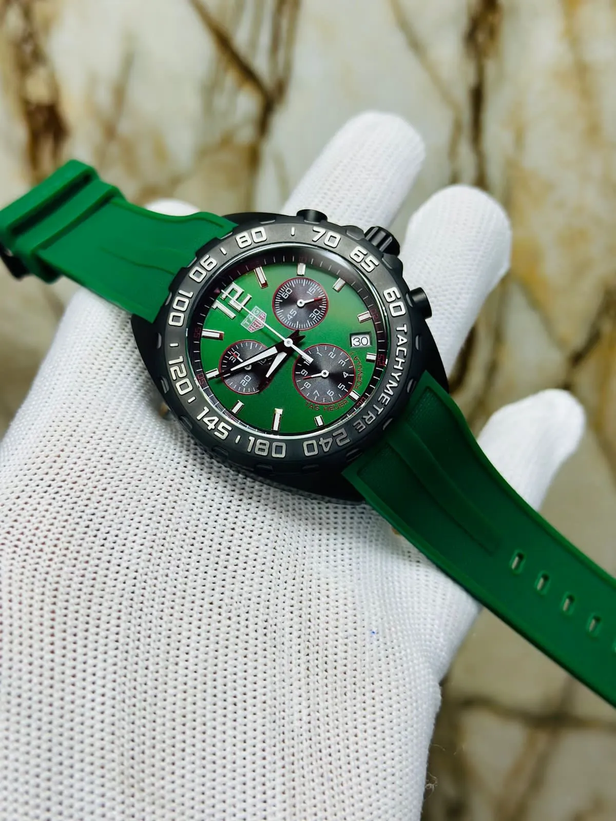 Green New Mens AAA TAG HUER CHRONOGRAPH RUBBER BELT Watch