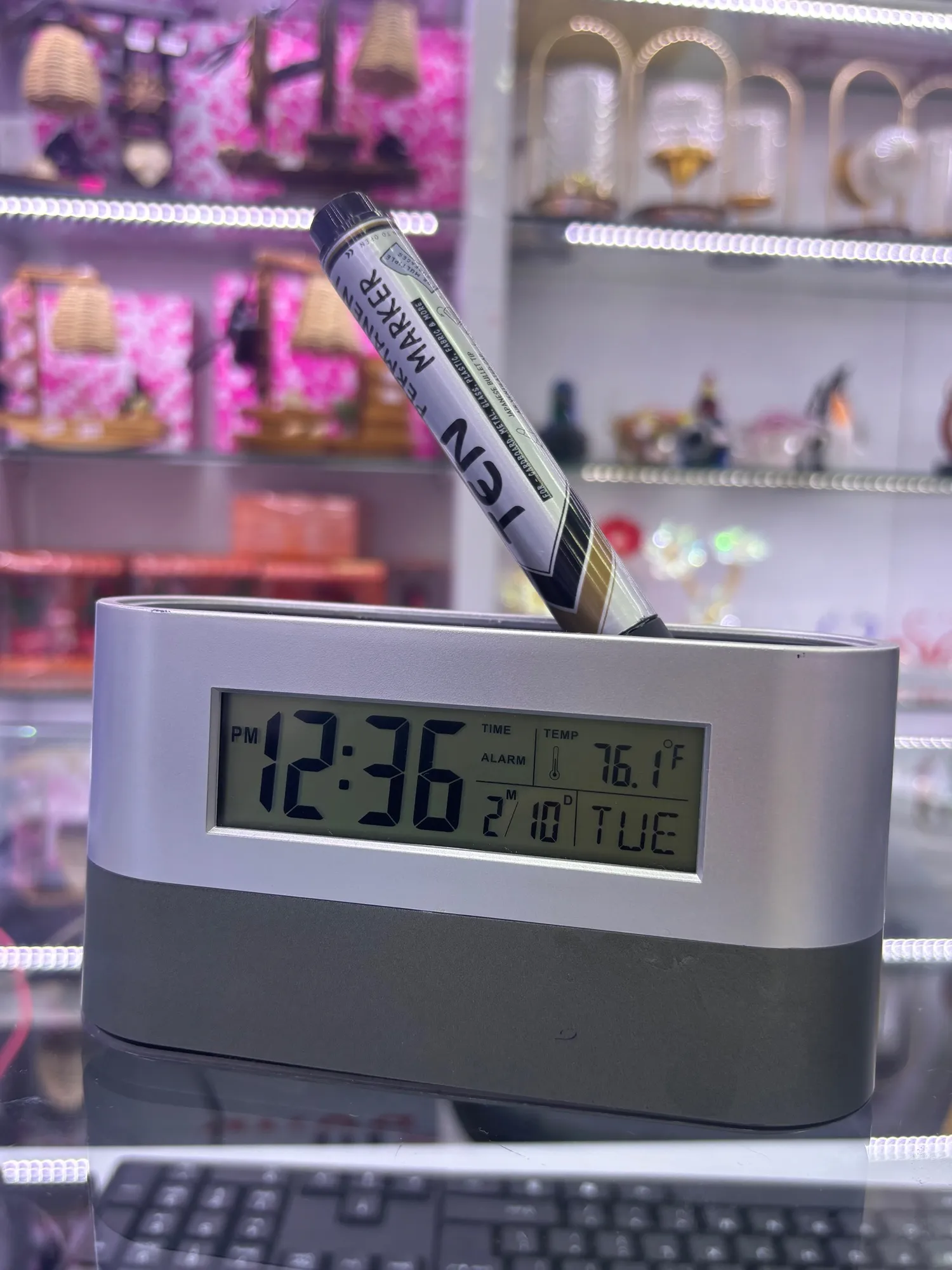 Grey Pen Holder Alarm Office Table Digital Clock
