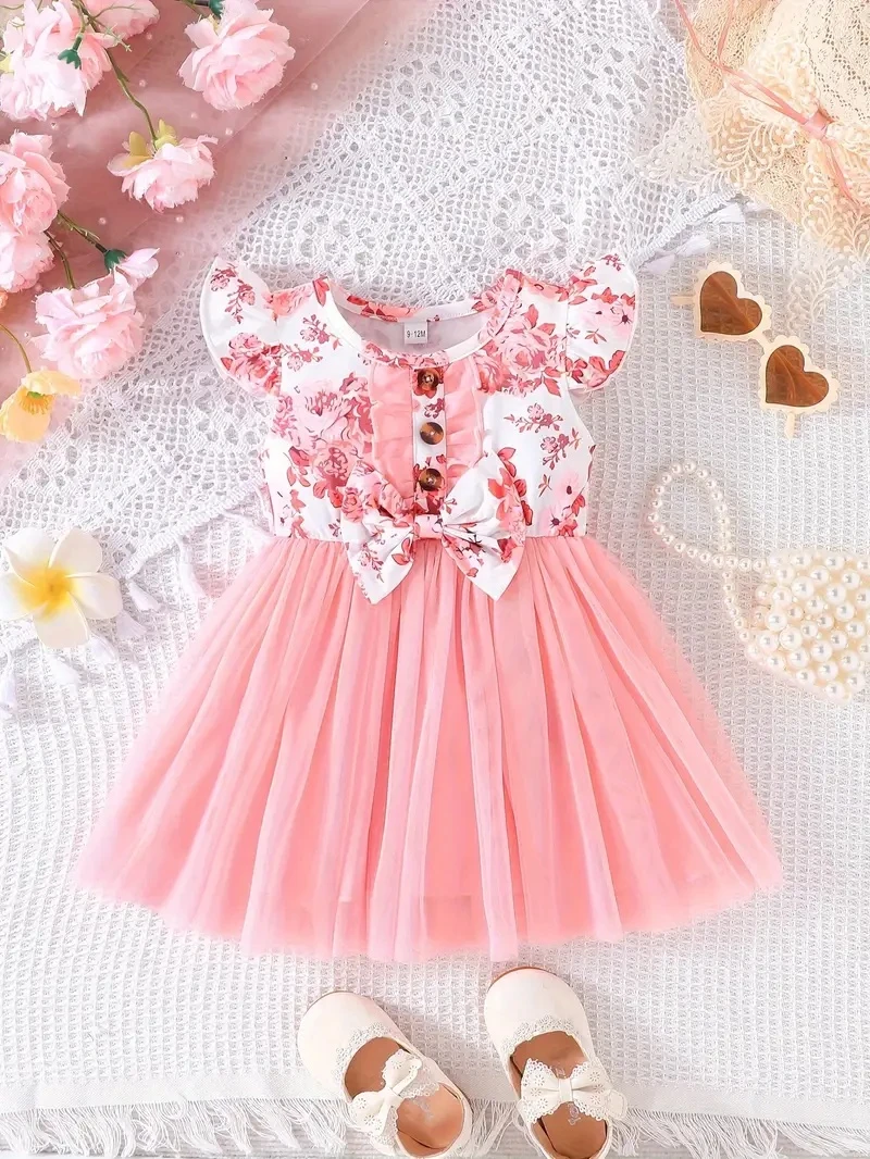 Generic Infant Baby Girls Summer Floral Bow Mesh Dress