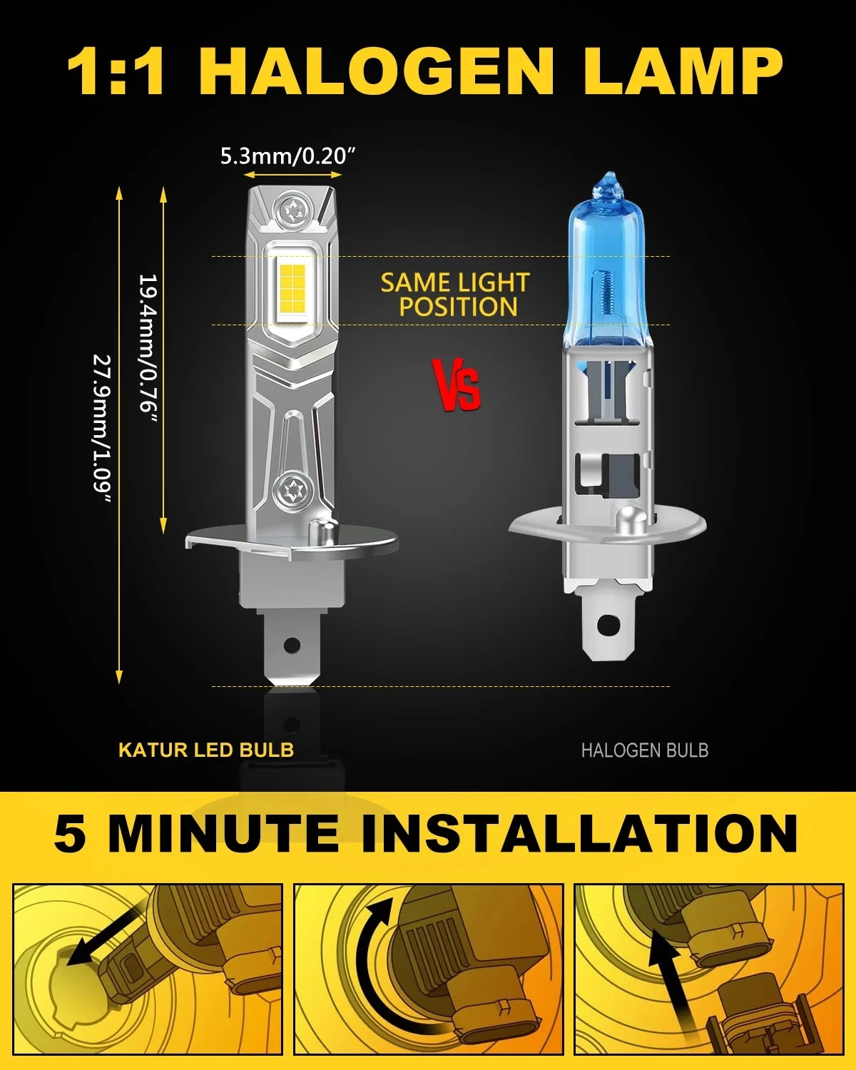Katur H1 LED Headlight Bulb Canbus 80W 16000LM 6000K - image 3