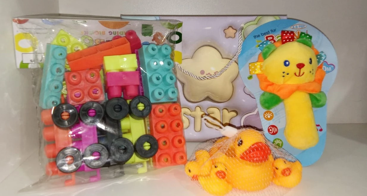 Gift set for children, Soft toy, bricks , Duckling