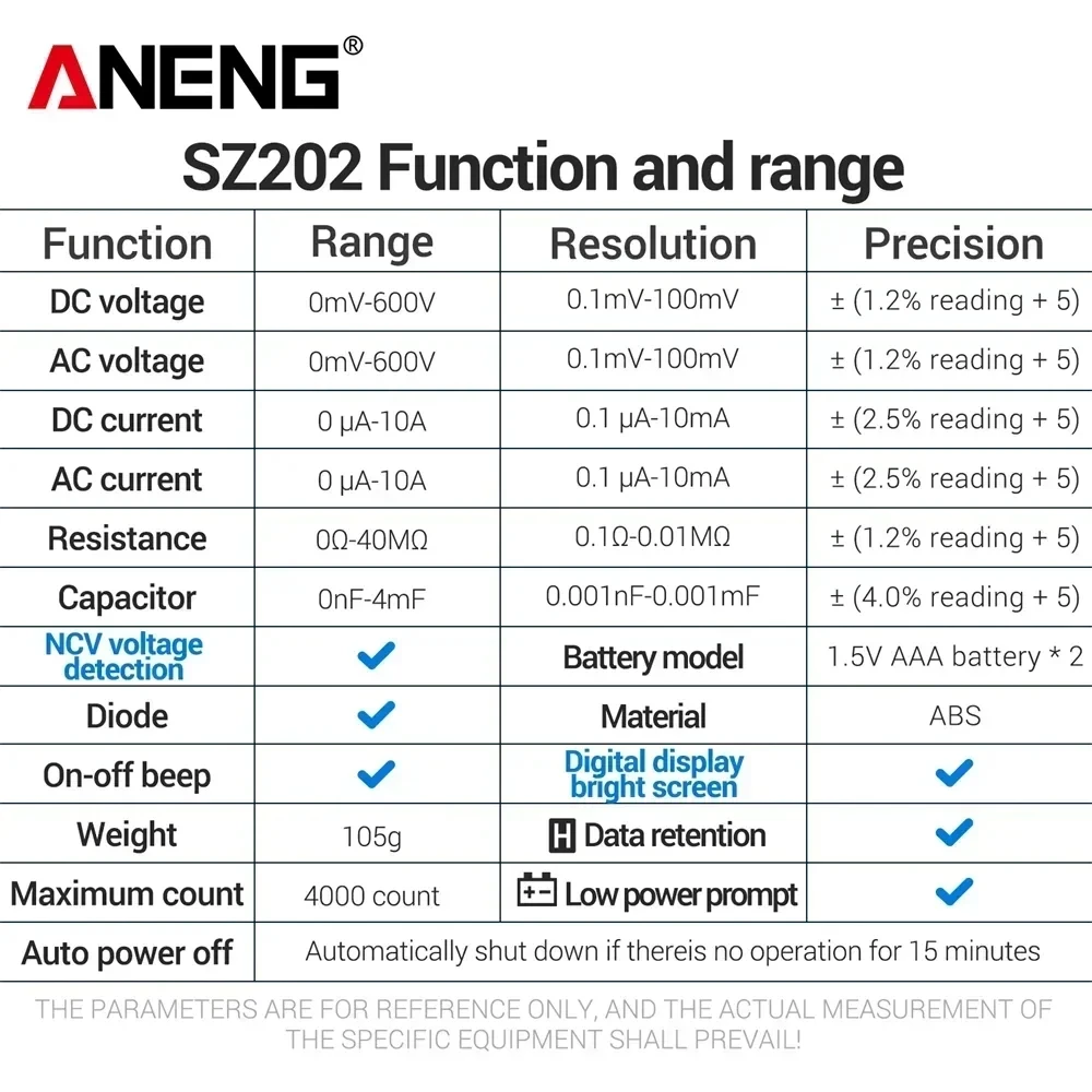 ANENG SZ202 Digital Multimeter AC/DC/NCV Voltage Tester - image 7