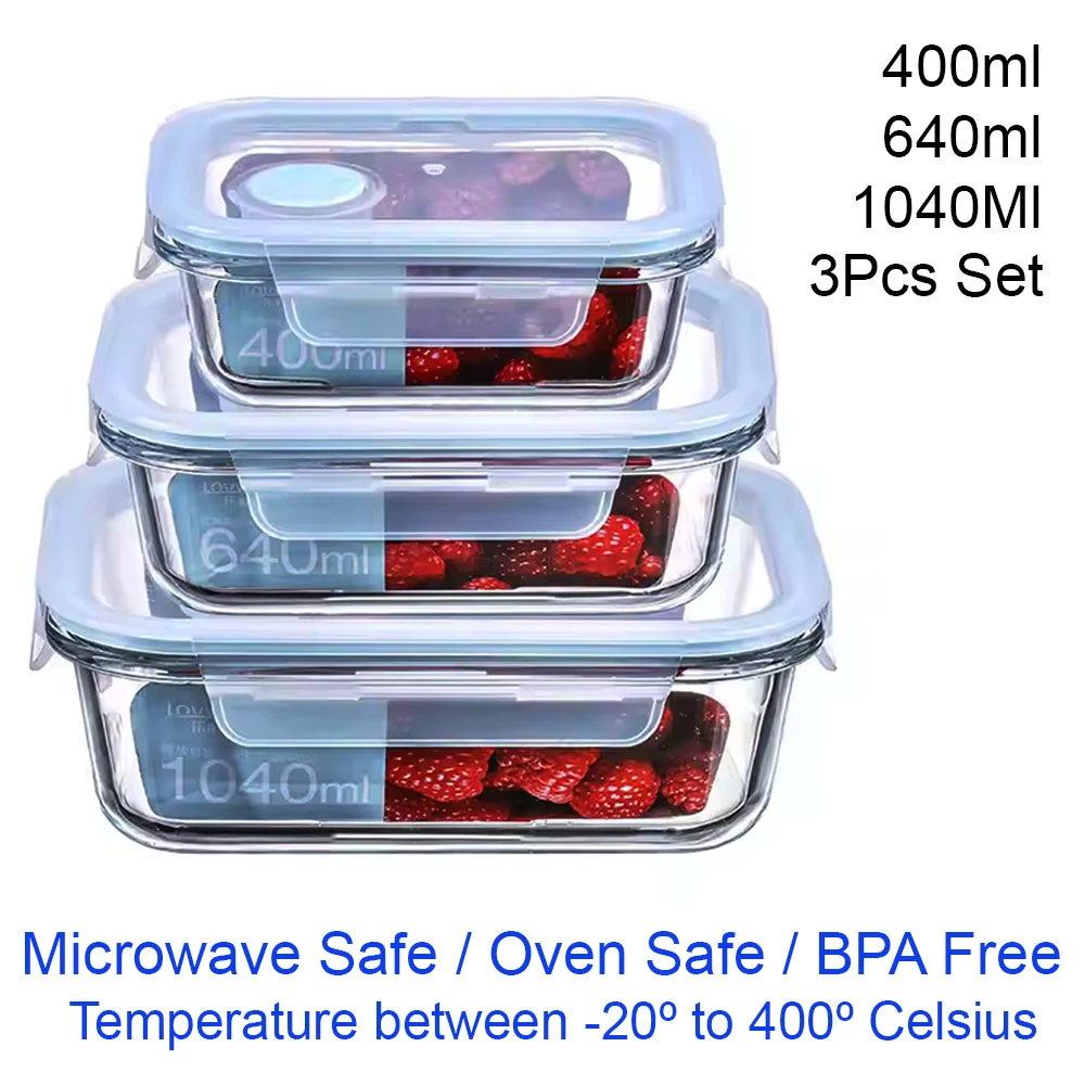 Generic 3Pcs Borosilicate Glass Food Storage Oven Safe