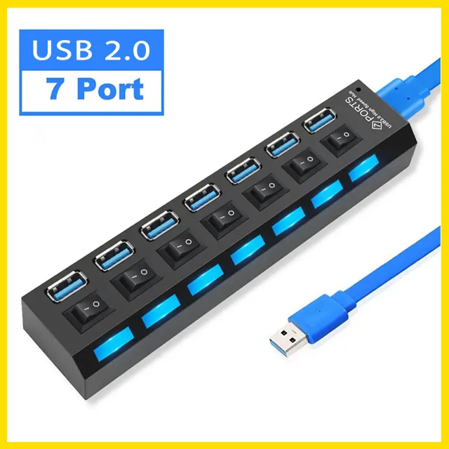 Generic 7 Port USB 2.0 Hub with Individual Power Switches