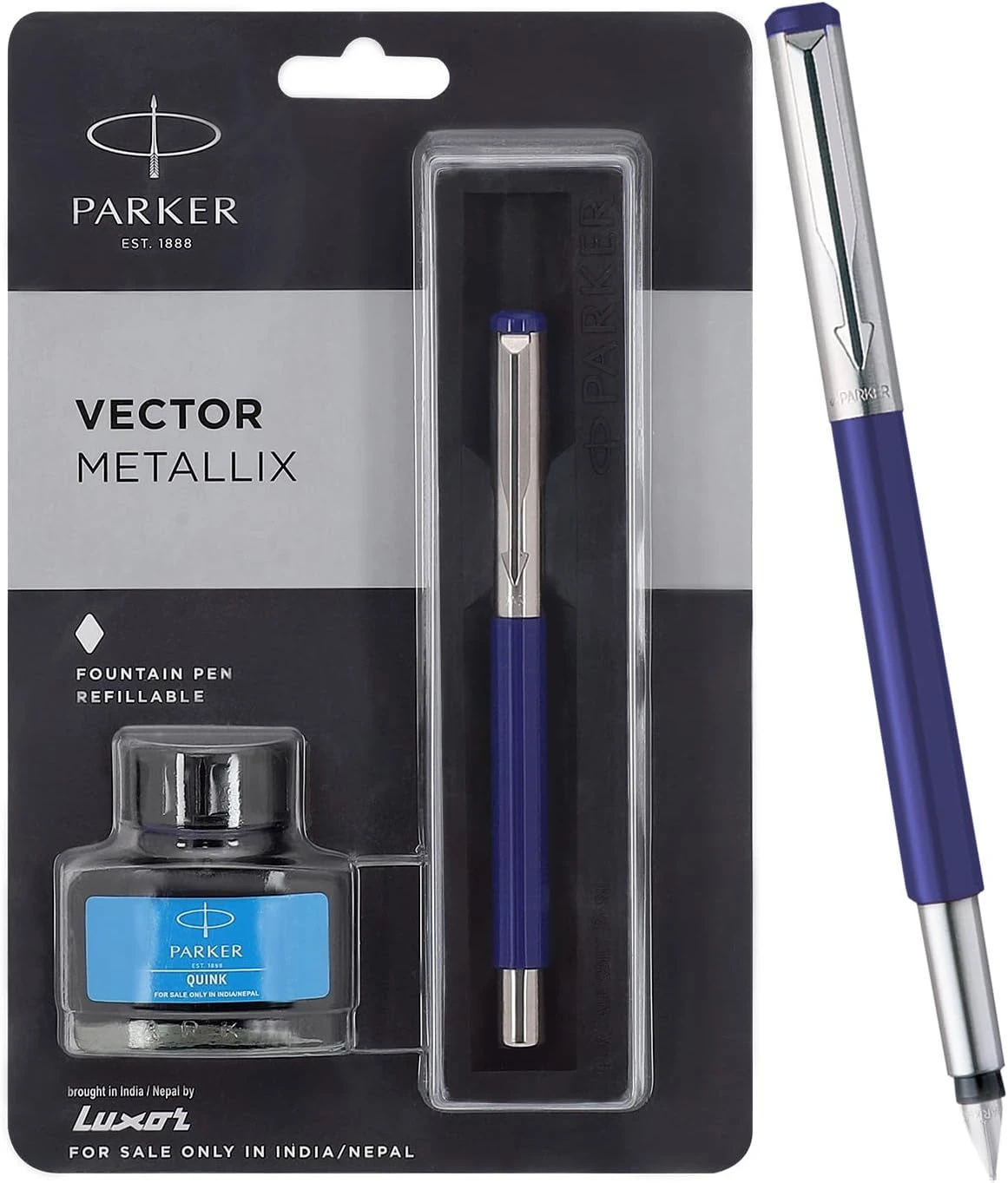 Parker Vector Fountain Pen With Ink Bottle Blue
