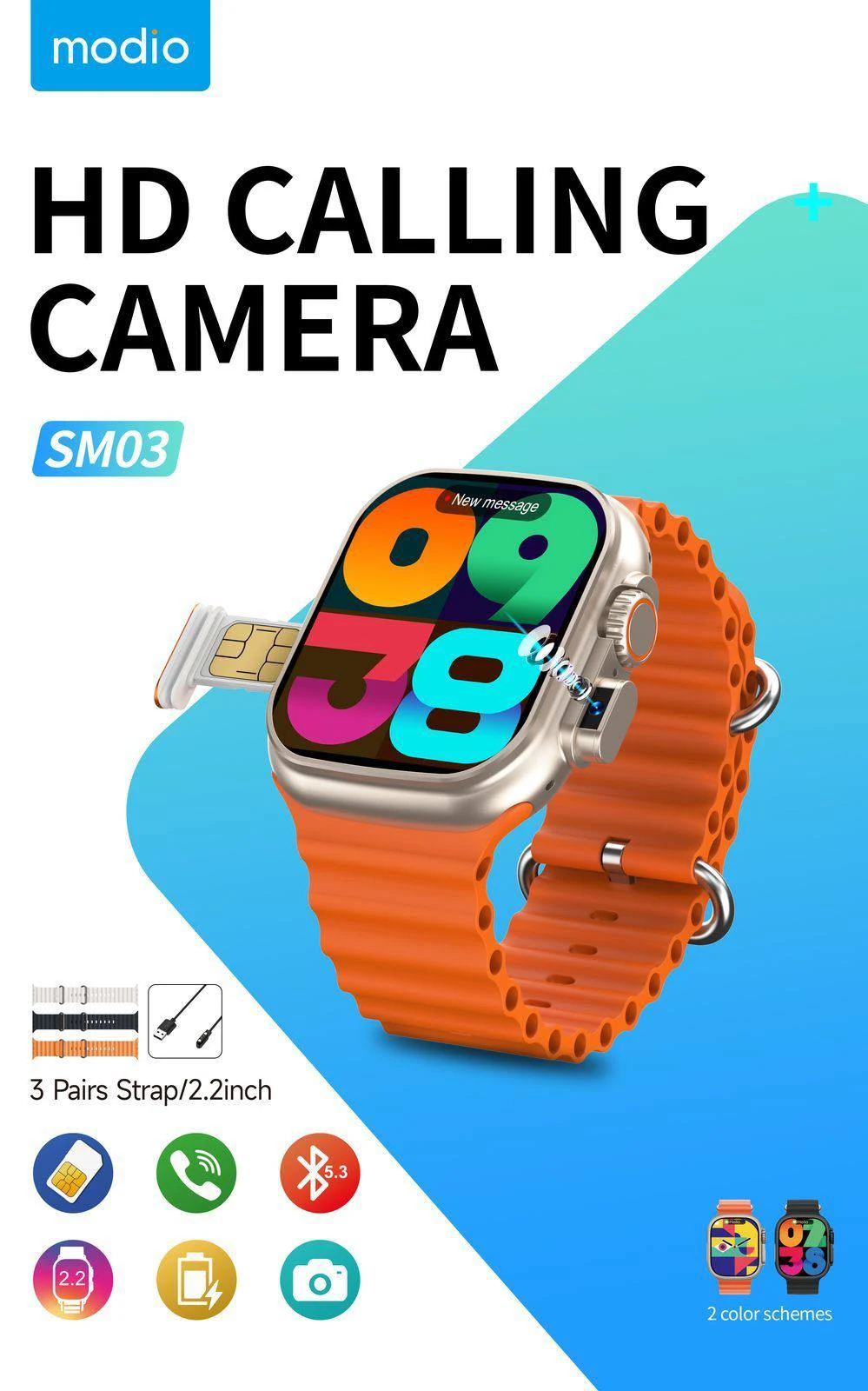 MODIO SM03 SMART WATCH SIM CARD / CAMERA / 3x STRAP