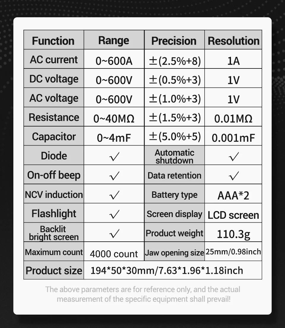 ANENG PN107 AC|DC Clamp Meter 600A Current Tester - image 4
