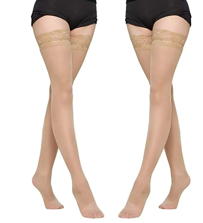 Women Silk Thigh High Lace Top Non-Slip Stockings - image 10