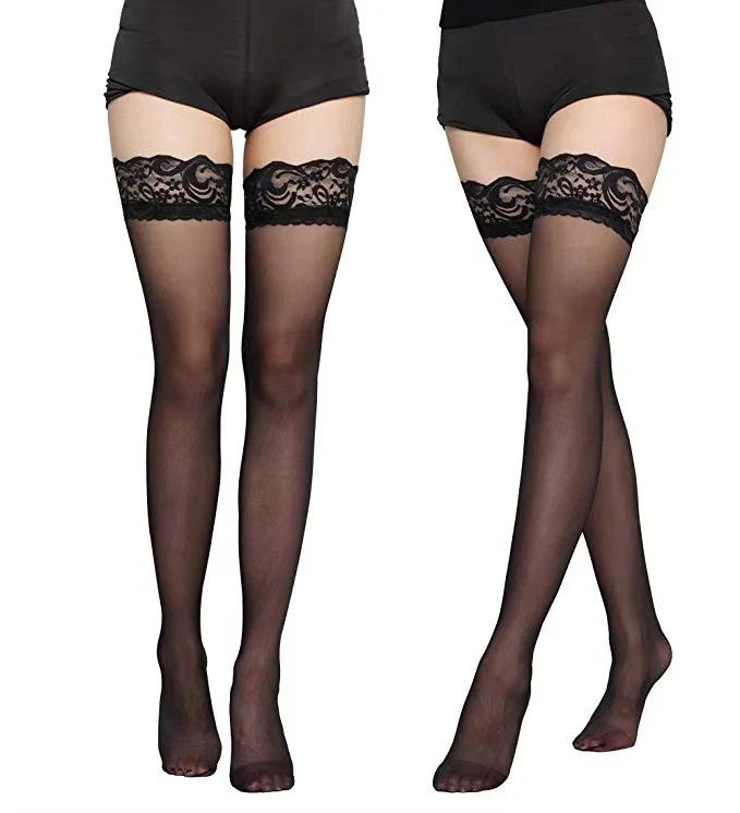 Women Silk Thigh High Lace Top Non-Slip Stockings