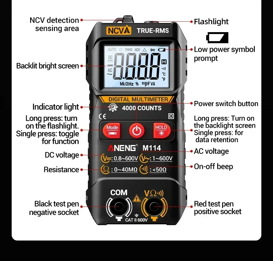 ANENG M114 Mini 600V DC/AC Voltage Multi Multimeter 4000 - image 7