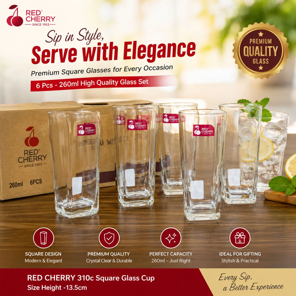 6Pcs- 260ml Water Glasses Square Base Drinking Glass