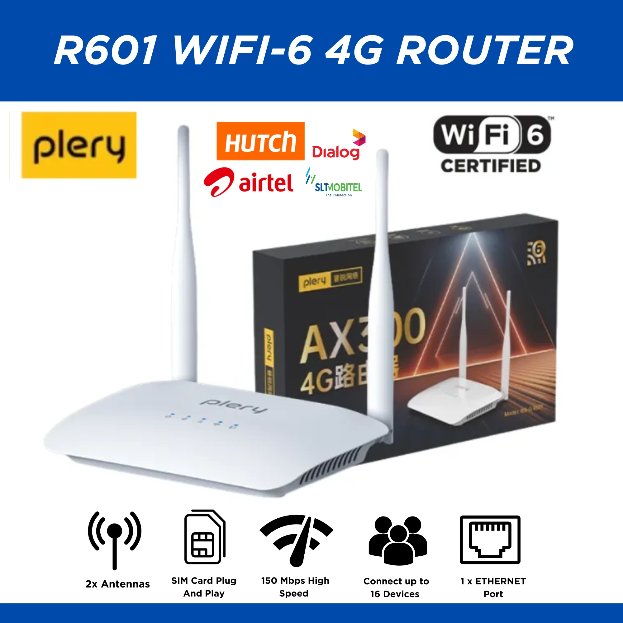 Plery R601 WIFI 6 4G LTE Router with Dual Antennas
