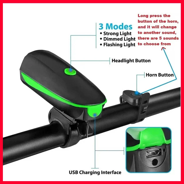 USB Rechargeable Bicycle Horn with 300 Lumens Light - image 3