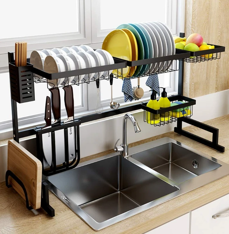 Double sink stainless steel dish drying rack over