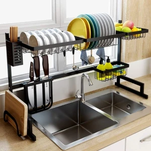 Double sink stainless steel dish drying rack over