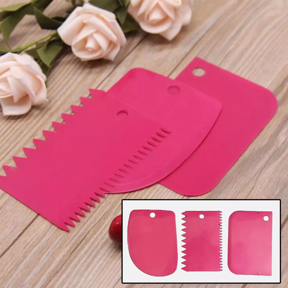 3 Pcs Plastic Cake Scraper Spatula Set Pastry Dough - Red - image 2