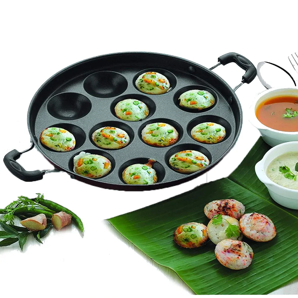 Appam Pan With Lid 12 Non Stick Scoops Appam - Black