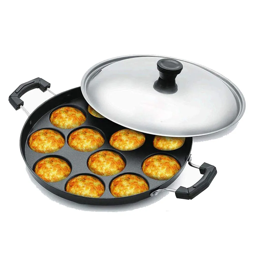 Appam Pan With Lid 12 Non Stick Scoops Appam - Black - image 2