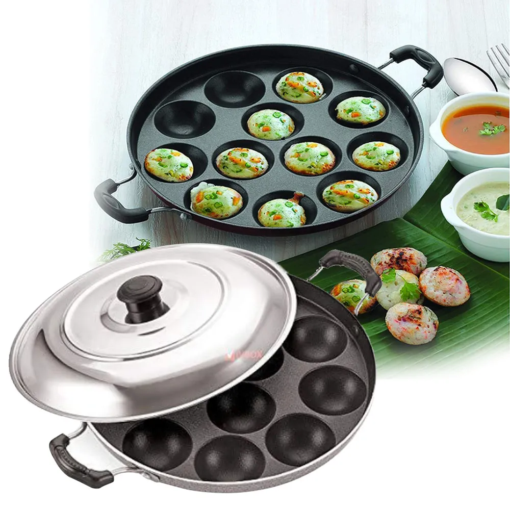Appam Pan With Lid 12 Non Stick Scoops Appam - Black - image 7