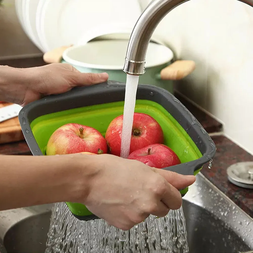 Square Draining Basket 2 Pcs - Silicone Kitchen - Green - image 2