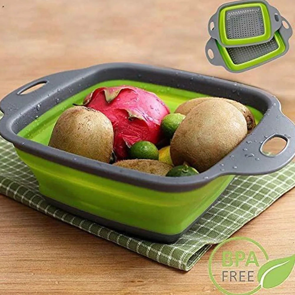 Square Draining Basket 2 Pcs - Silicone Kitchen - Green - image 3