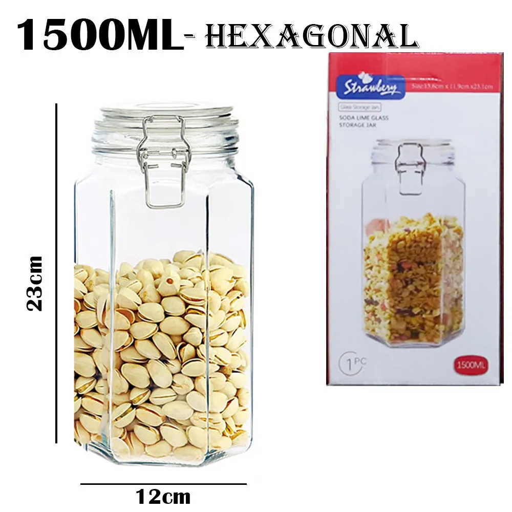 Square/Hexagonal Glass Food Storage Jars - 1500ml Hexagonal