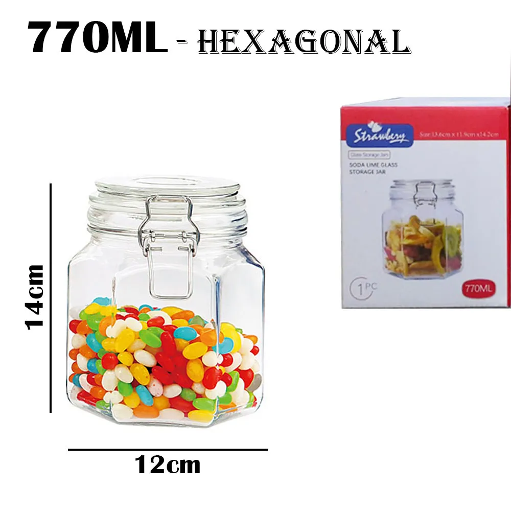 Square/Hexagonal Glass Food Storage Jars - 770ml Hexagonal