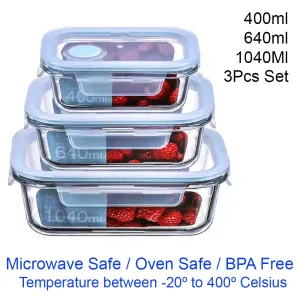 3Pcs -Borosilicate Glass Food Storage - 3Pcs Rectangular