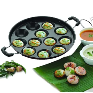Appam Pan With Lid 12 Non Stick Scoops Appam - Black