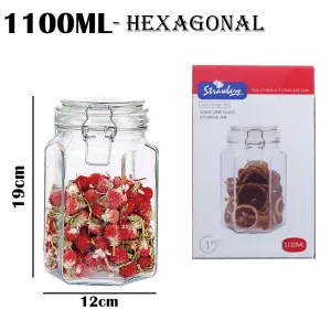 Square/Hexagonal Glass Food Storage Jars - 1110ml Hexagonal