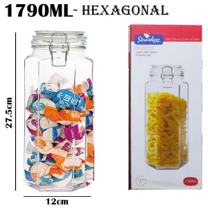 Square/Hexagonal Glass Food Storage Jars - 1790ml Hexagonal