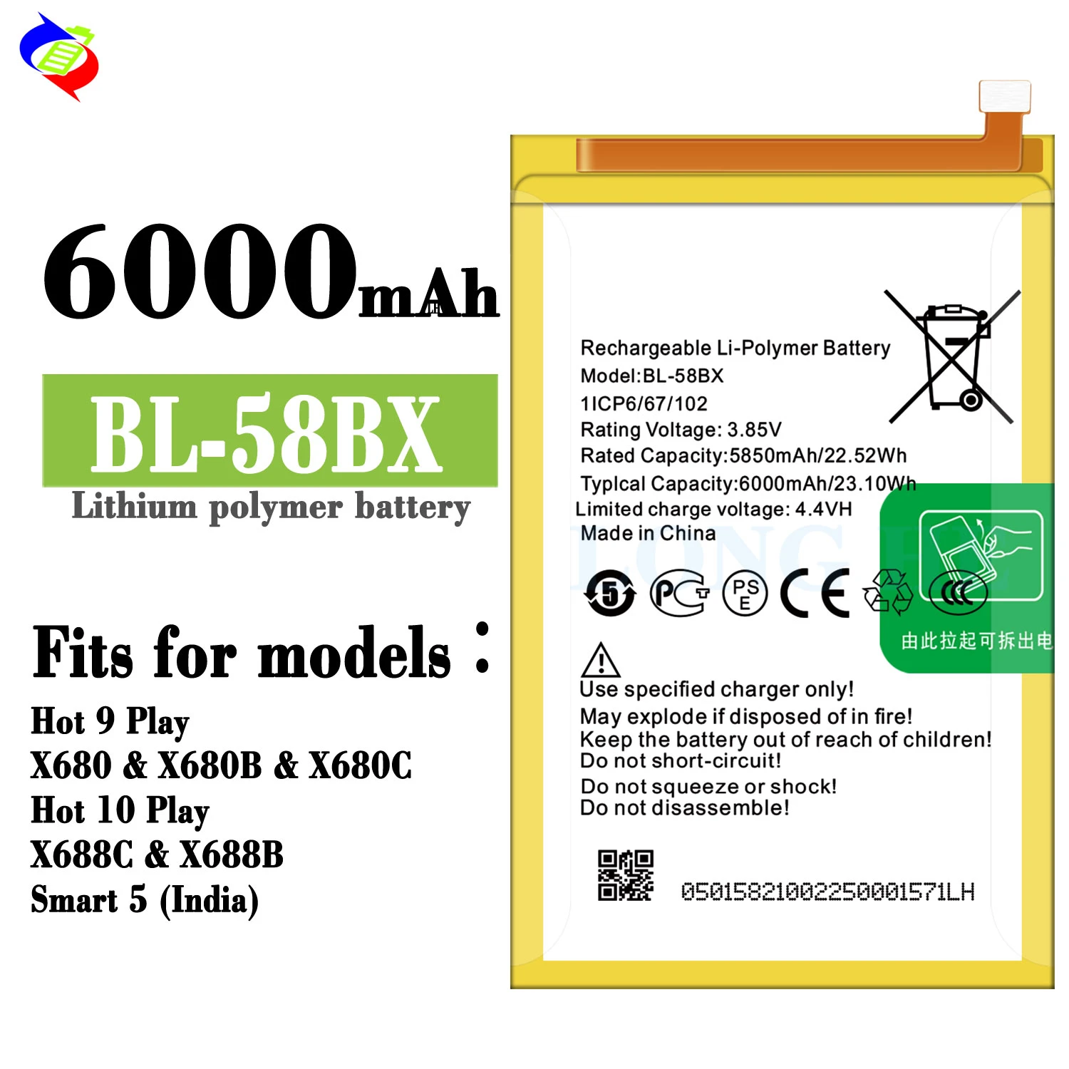 58BX Battery For Infinix Hot 9 Play / Hot 10 Play/Smart5