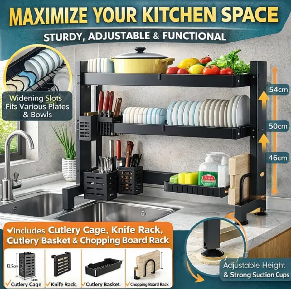 Double Layer Retractable Over Sink Dish Drying Rack